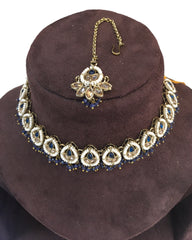 Navy Blue - Medium Size Antique Gold Finish Necklace Set with Earrings - RAK122  R 0424