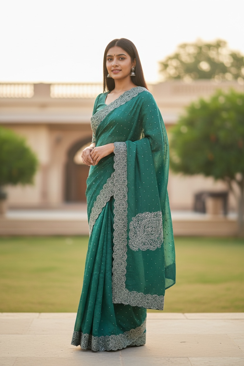 Sage Green - Rich Saree with Thread / Stone Embroidery and Blouse Piece - UK stock - 24hr Dispatch - RS2525 VJ