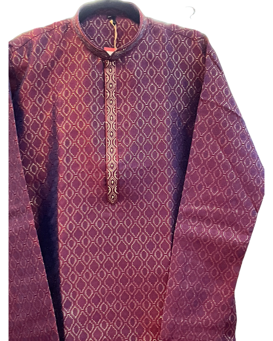 Maroon - Men’s Embroidered Jacquard Kurta Set with Trousers - UK Stock - Weddings / Walimas , Sangeet, Diwali, Eid, Mehndi / Henna - VEE3075 VY