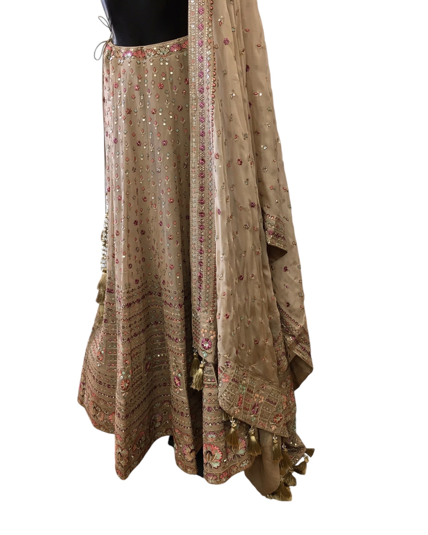 Light Brown - Delicately Embroidered Chiffon Designer Lehenga Set - UK 8-10, UK Stock - 24h Dispatch - NE2403 KKP 0724