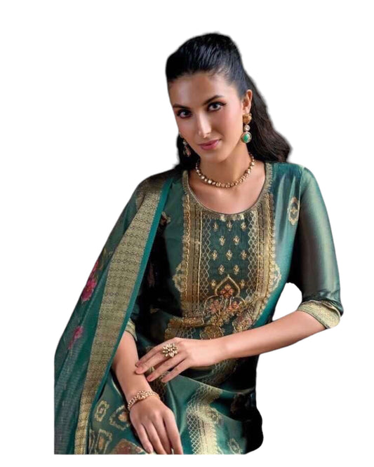 Teal Blue - Banarasi Handloom Ladies Indian Salwar Suit with Printed Dupatta - Available in Size 10 (36") LL-FAR22402 TY 1024