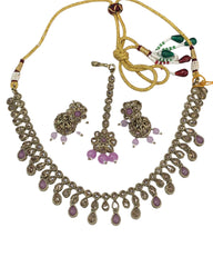 Lilac - Medium Size Antique Gold Finish Necklace Set with Earrings - KAJ1017 04C24