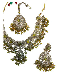 Mehndi Henna Green - Large - Antique Gold Finish Necklace Set with Earrings & Head Piece - AE2512 08KV25