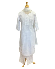 White - Cotton Ladies Salwar Kameez with Chiffon Dupatta - Elbow Length Sleeves - Funeral  / Church KTC250401 KR