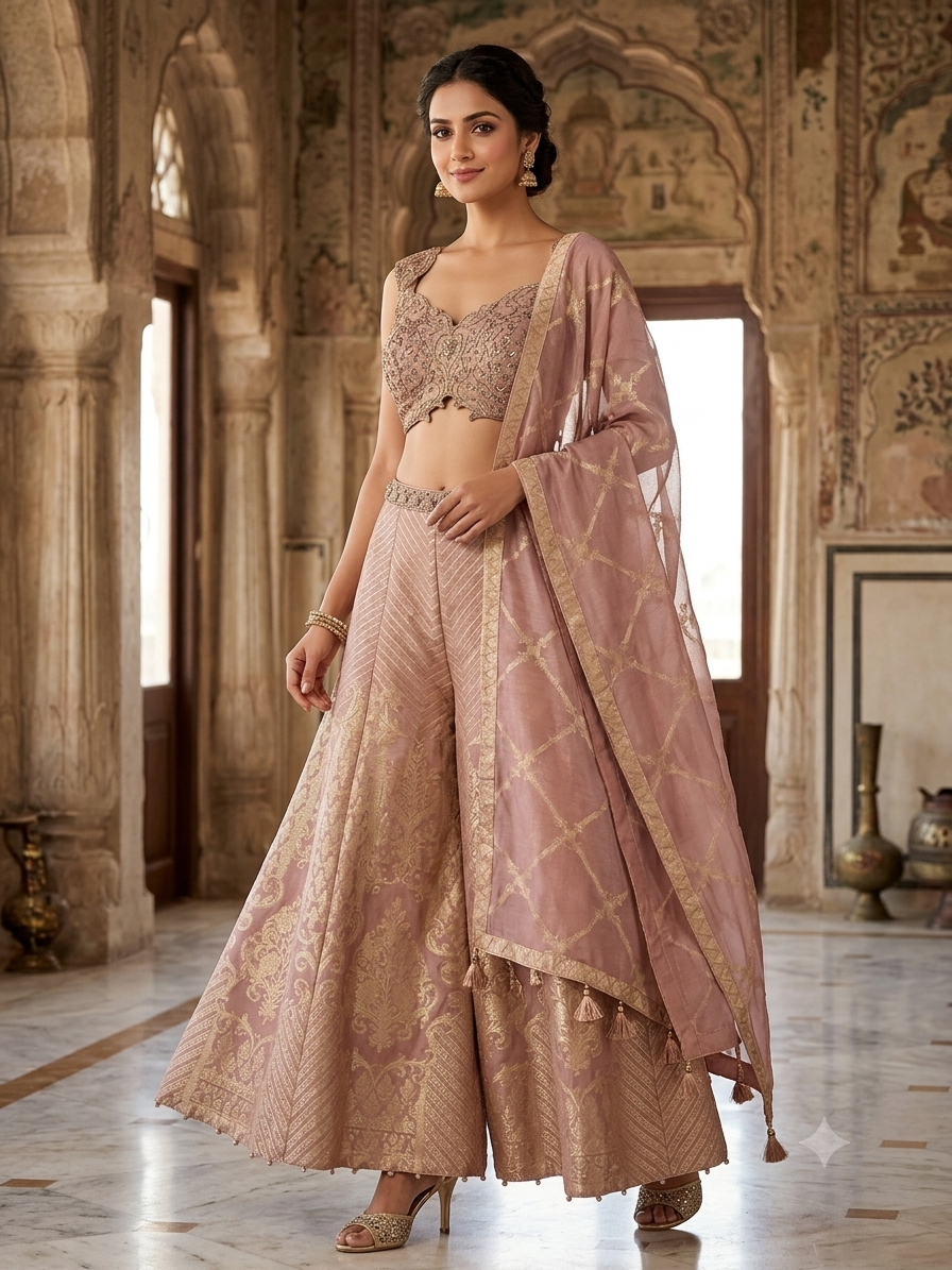 UK 12 / 38" - Pastel Baby Pink - Designer Ladies Indian Short Top Palazzo Trousers Suit - UK Stock - 2/3 days delivery - VMK Jivika AV