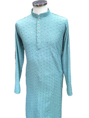 Sea Green - Lucknowi Sequins Mens Indian Kurta set Sangeet, Temple, Eid, Mehndi or Funeral ( with Draw stringed trousers) - YD2403 KT 0324