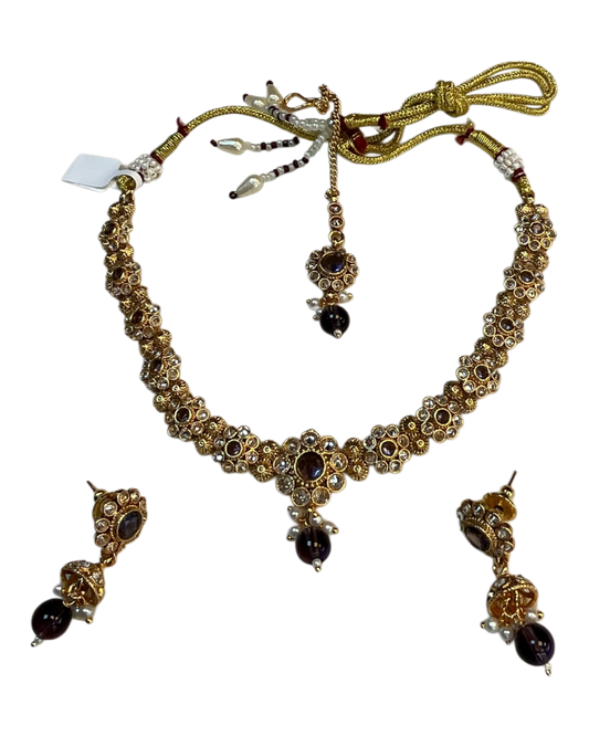 Purple - Medium Size Gold Finish Necklace Set with Earrings & Head Piece - SLV90 04Cp26