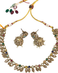 Multi Coloured - Small Size Antique Gold Finish Necklace Set with Earrings - SV2404  C 0424