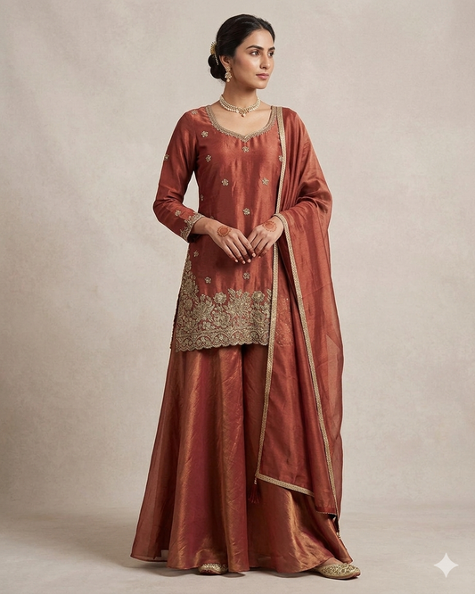 UK 10 / 36" - Coral - Silky Brocade Ladies Sharara / Palazzo Trousers Suit - Sangeet / Henna / Temple - JF1234 05TC26