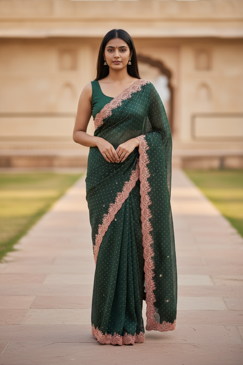 Bottle Green - Fancy Embroidered Saree with Blouse Piece - UK stock - 24hr Dispatch - SP250633 KA