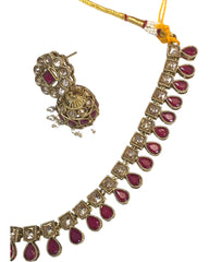 Magenta - Medium Size Antique Gold Finish Necklace Set with Earrings - SV2403  H 0424