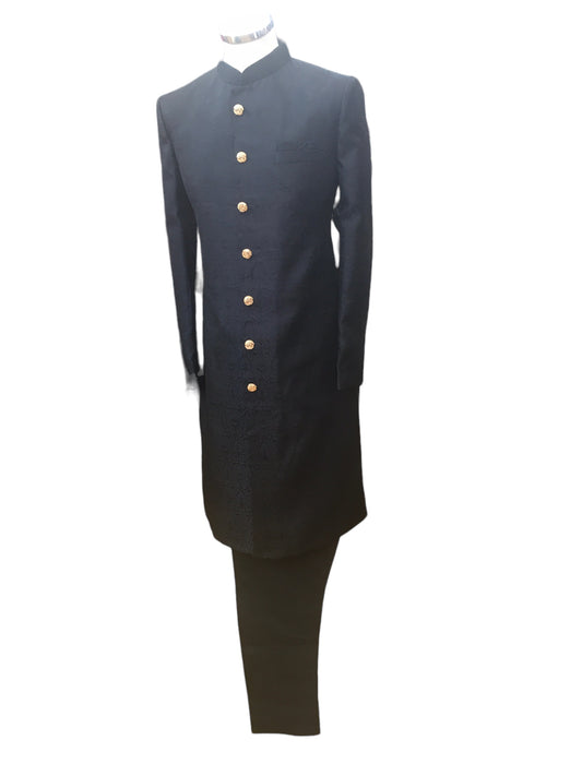 Black - Classic Self Brocade Sherwani with Gold Buttons -  BS786 JP 0823