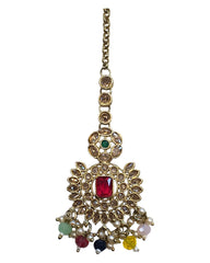 Multi Coloured - Large - Antique Gold Finish Traditional Tika Head piece - Bollywood - Weddings - PRI1773  11V24