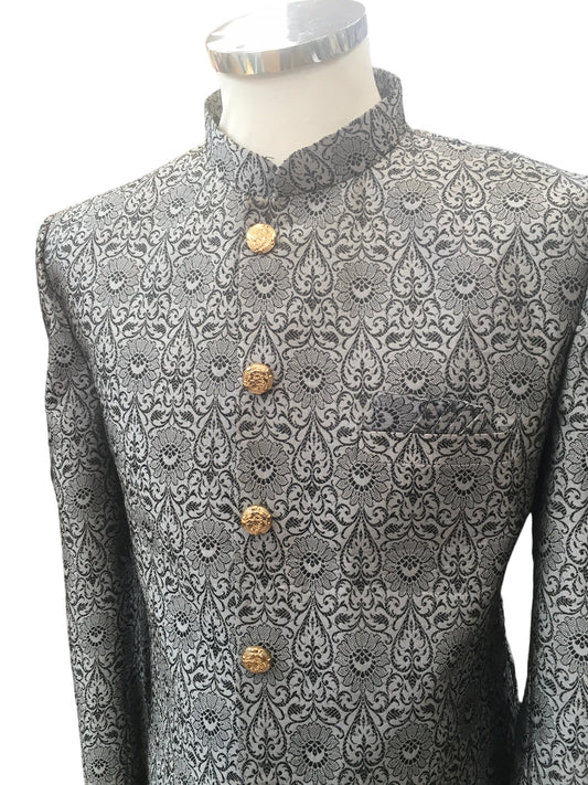 Grey - Classic Self Brocade Sherwani with Gold Buttons -  BS786 JP 0823