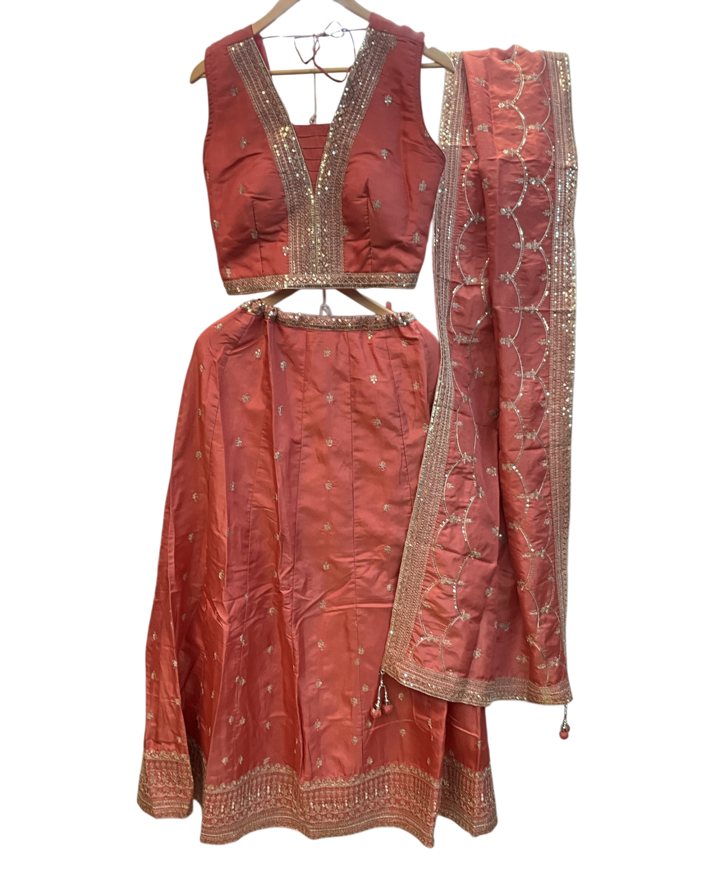 Size UK 14 (40" Pastel Coral Pink - Silky Lehenga Set - Mehndi / Sangeet / Bridesmaids / Weddings / Garba  - UK Stock - 24h Dispatch - OC561 07JV26