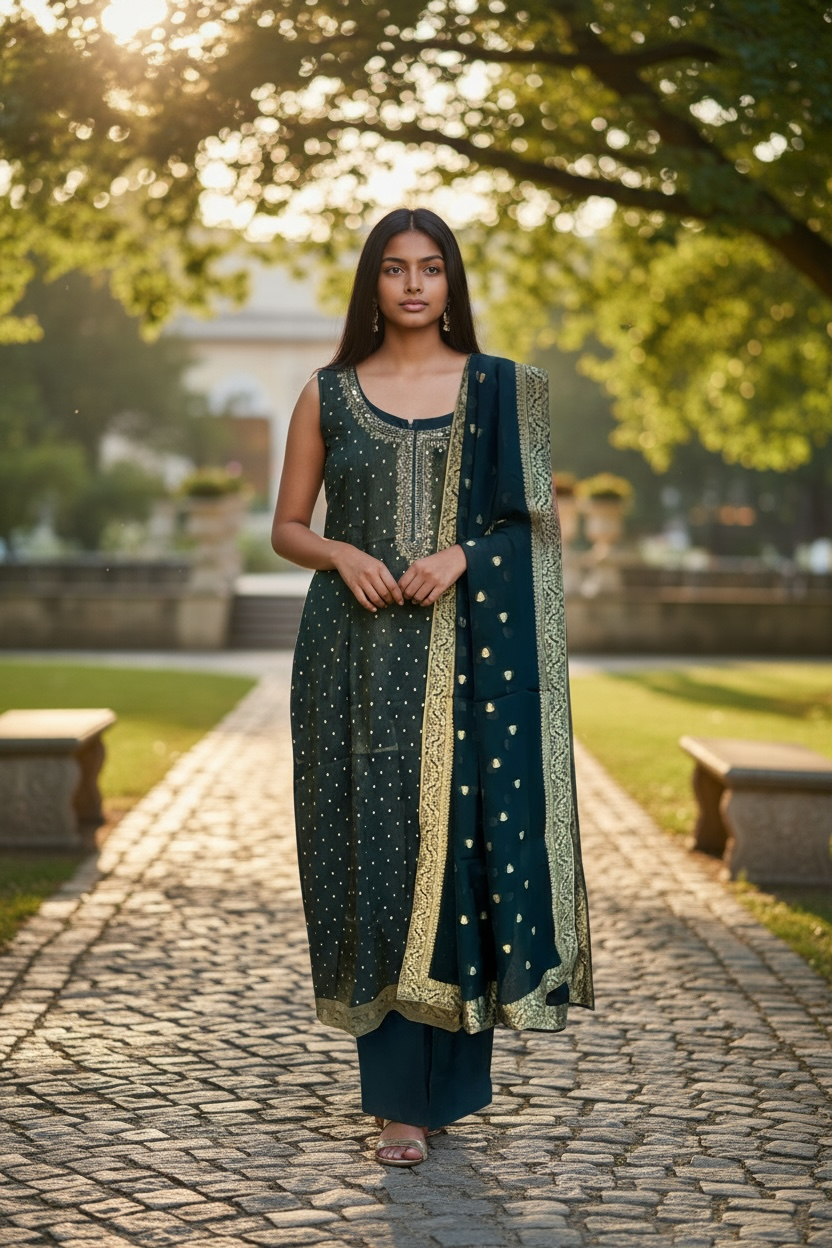 UK 14 / 40" - Dark Petrol Blue - Silky Brocade Ladies Trousers Suit - Sangeet / Henna / Temple - OC45067 TJ VA