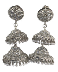Clear Stone - Large - Silver Finish Traditional Zhumki Earrings - Bollywood - Weddings - HB992 C 0724