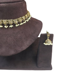 Gold / Neutral - Small Size Antique Gold Finish Necklace Set with Earrings - VJY401  A 0424
