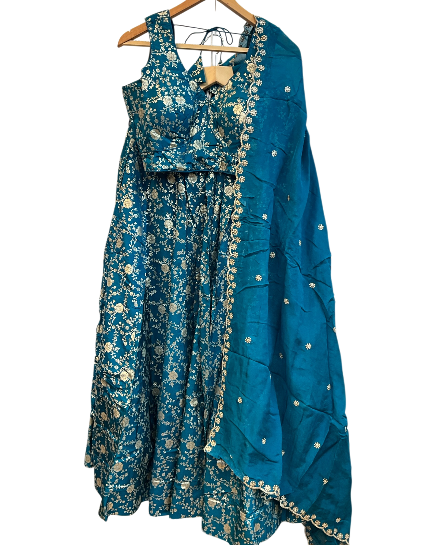 Turquoise Blue - Banarasi Brocade Silky Lehenga Set - Mehndi / Sangeet / Bridesmaids / Weddings / Garba  - Size UK 12 (38" Bust) Adjustable to Size 14 - UK Stock - 24h Dispatch - AF2601 02VP26