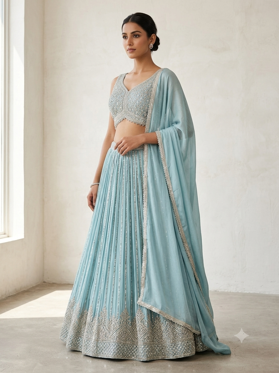 SALE ! Size UK 16 (42") Light Blue Pastel - Lehenga Set - Mehndi / Sangeet / Bridesmaids / Weddings / Garba  - UK Stock - 24h Dispatch - KTC250627  TK26