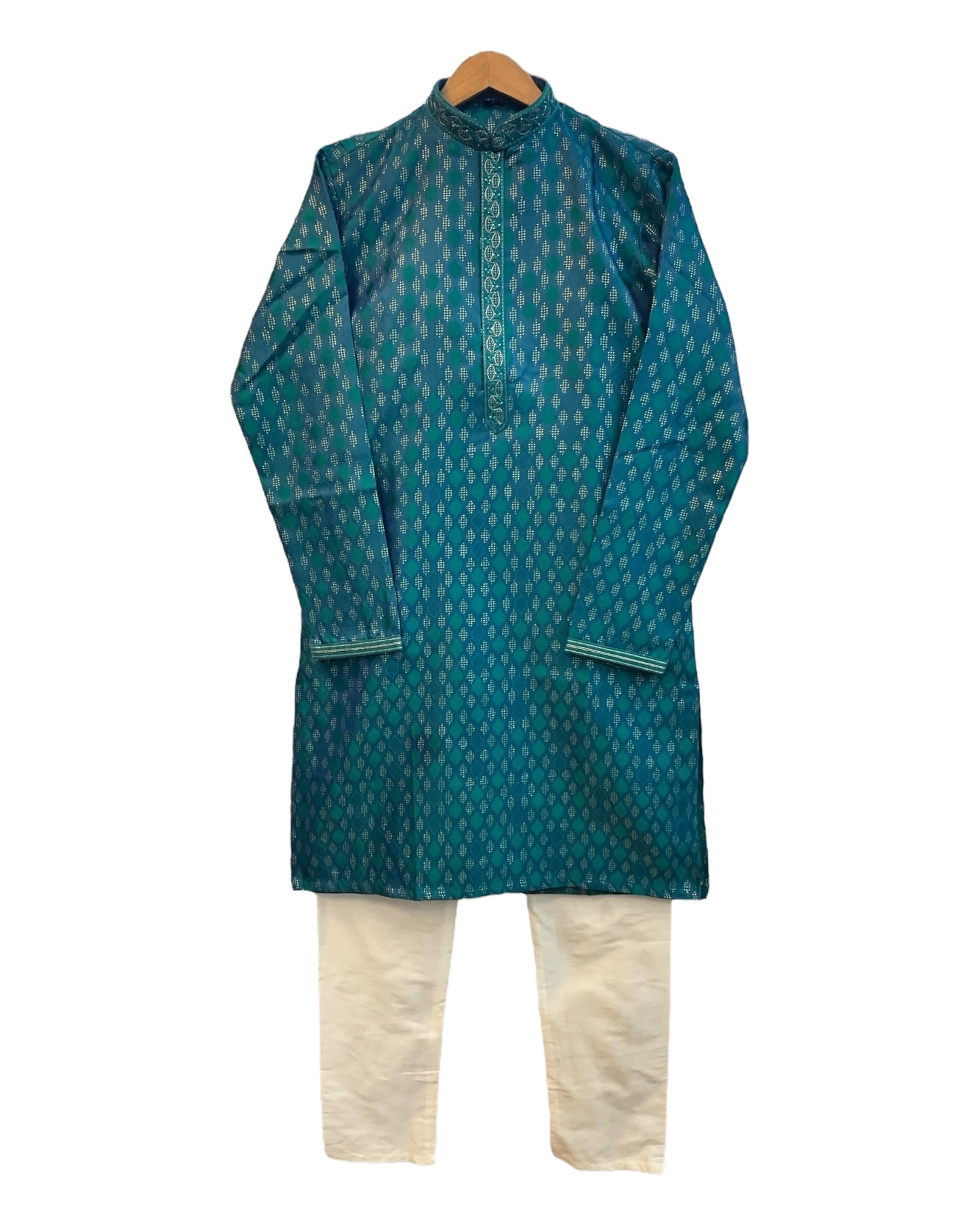 Turquoise Blue - Banarasi Handloom Brocade Mens Indian Kurta set with Trousers - UK Stock - Weddings / Walimas , Sangeet, Diwali, Eid, Mehndi / Henna - VEE2450 VR