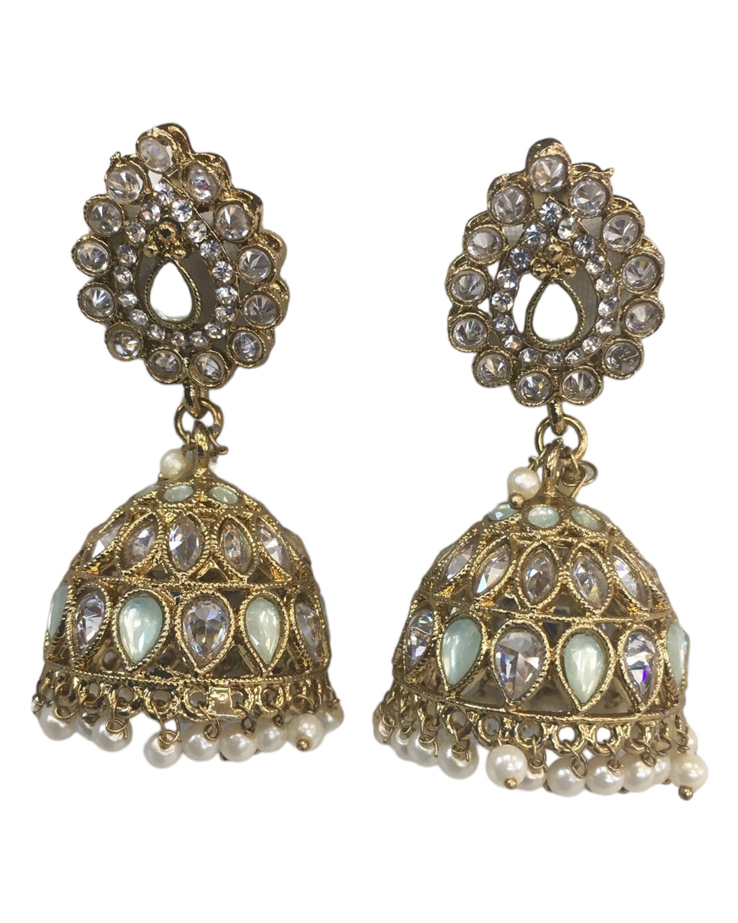 Mint Green - Large - Antique Gold Finish Traditional Zhumki Earrings - Bollywood - Weddings - LX6389 P 0724