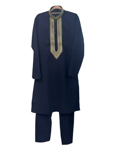 Dark Navy Blue - Soft Cotton Silky Mens Kurta Set with Rich Embroidery- Sangeet Mehendi Haldi - KCS2002 06VY26