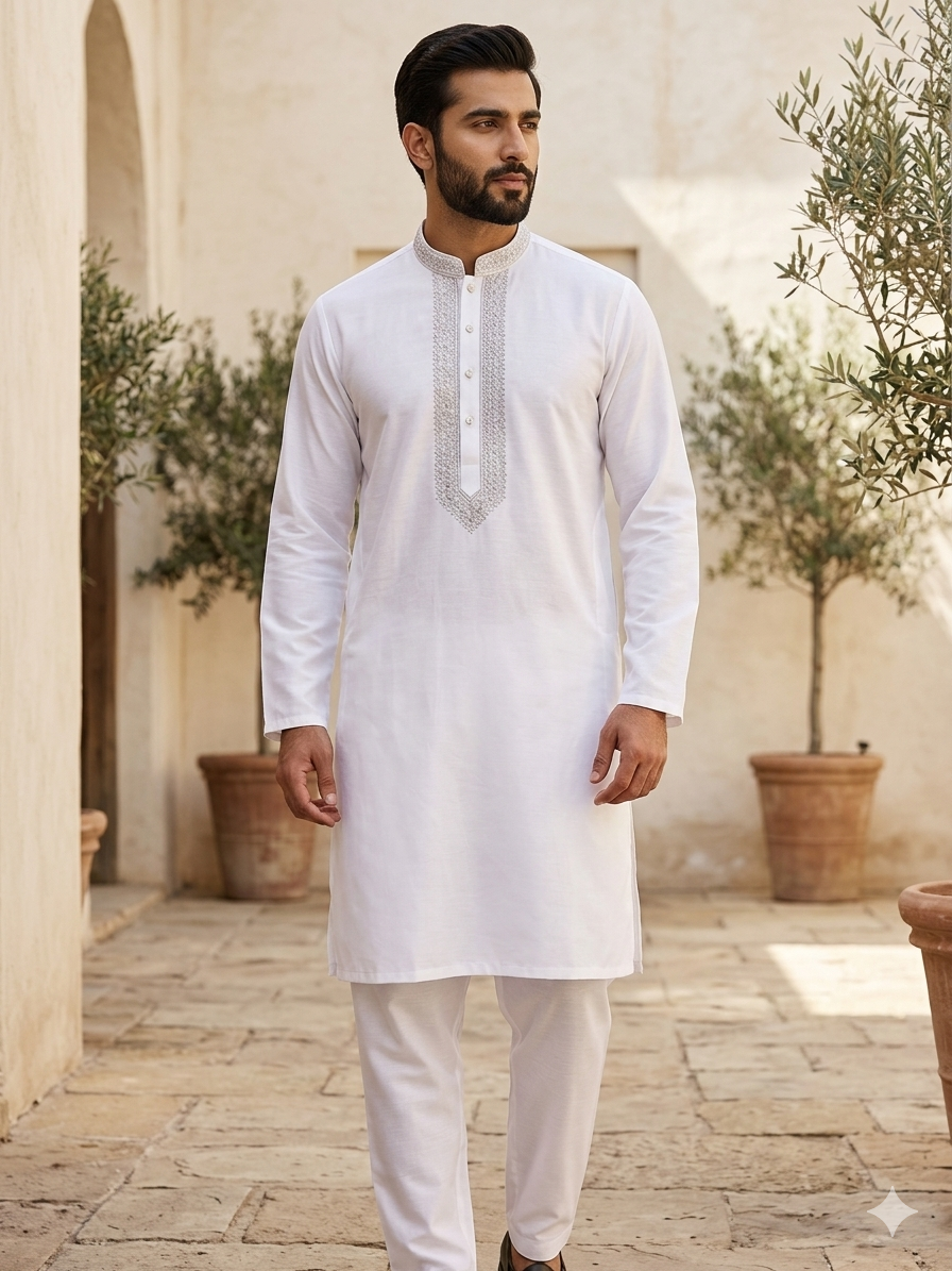 White - Soft Silky Mens Kurta Set with Neck Thread Embroidery -Eid Sangeet Mehendi Haldi - KCS2001 06KH26