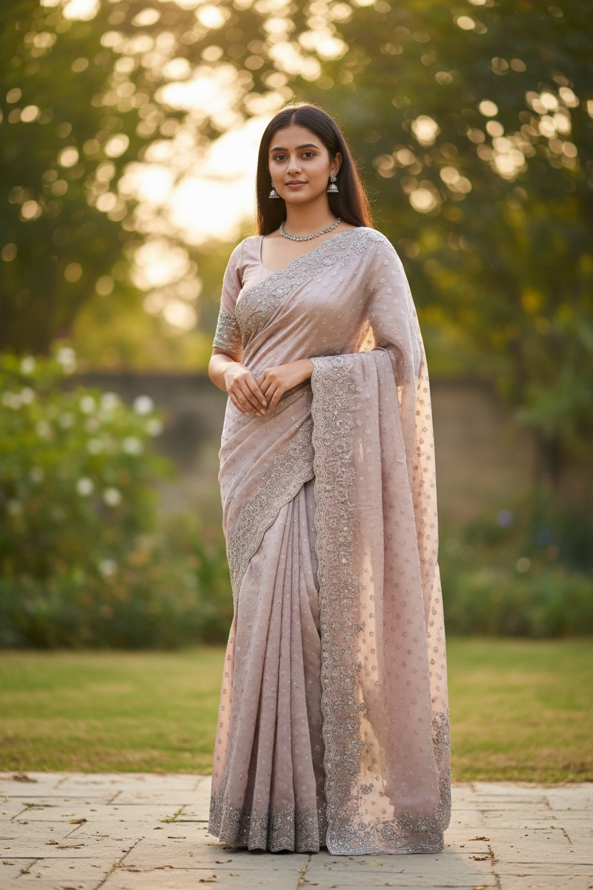 Peach - Designer Crepe Saree with Thread / Stone Work and Blouse Piece - UK stock - 24hr Dispatch - RS2512 RJ