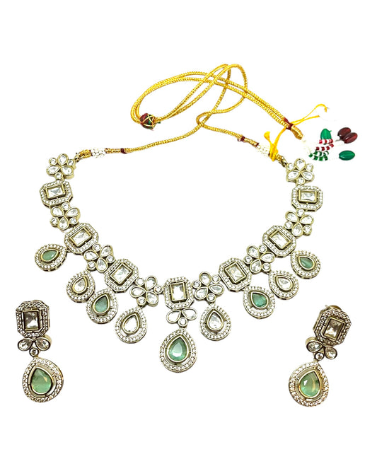 Light Green - Medium Size Antique Gold Finish Choki Necklace Set with Earrings - Bollywood - AVON-KU1320  08KA25