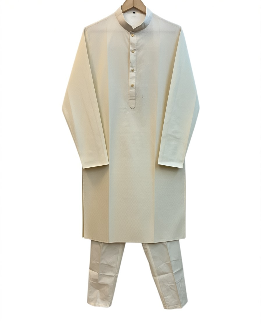 Cream / Ivory - Soft Cotton Self Woven Mens Kurta Set - Perfect under a Waistcoat - Sangeet Mehendi Haldi - KCS1263 03KJ26