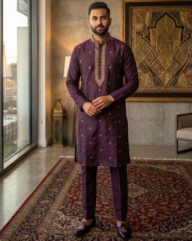 Wine - Soft Cotton Silky Mens Kurta Set with Neck Thread Embroidery- Sangeet Mehendi Haldi - KCS1025 06VY26