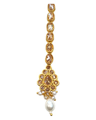 Gold / Pearl - Gold Finish Small Size Tika Head Piece - Indian Ladies Fashion Jewellery - AE2433 11Vp24