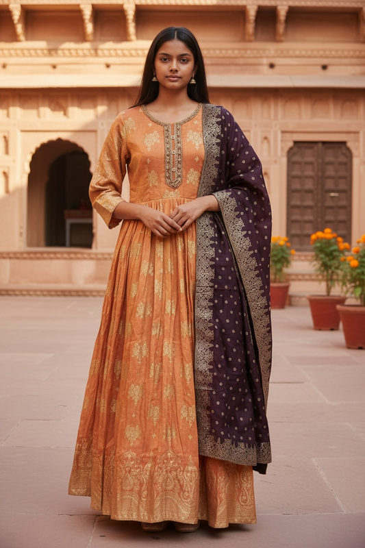 Banarasi Silky Peach / Coral Anarakali Long Dress with Trousers - Size 10, 14  and 18 - KTC241070TT