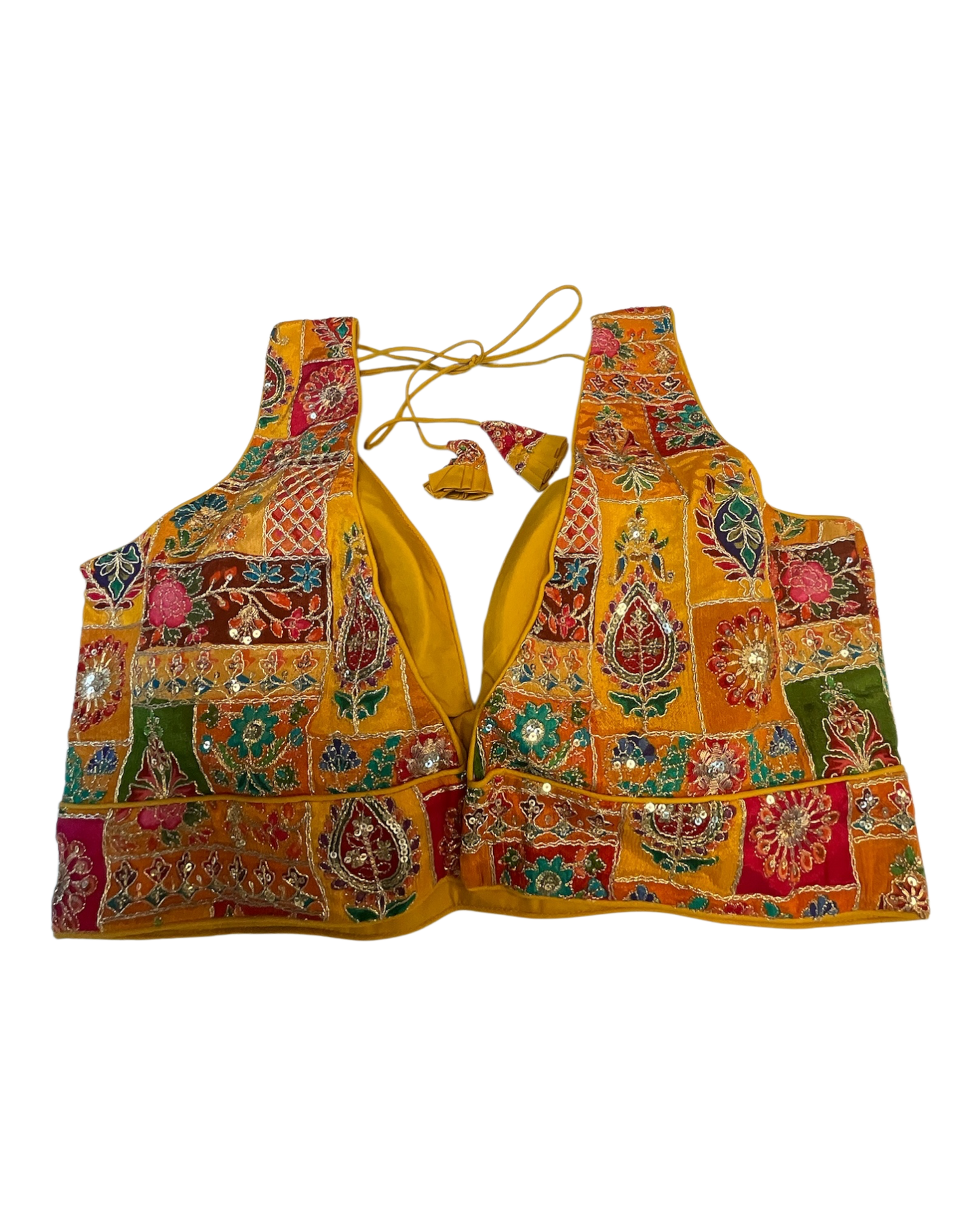 Size 40" / UK 14 - Yellow / Amber - Rich Silky Printed Saree blouse with cups - UK Stock - Quick Delivery - RNK - R961-KV