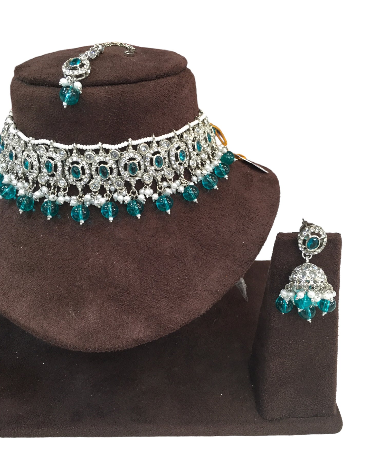 Turquoise - Medium Size Silver Finish Choker Necklace Set with Earrings - RAK149  C 0424