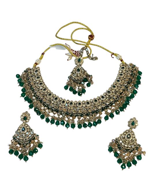 Green - Large Size Antique Gold Finish Necklace Set with Earrings & Head Piece - JIG82 04KV26
