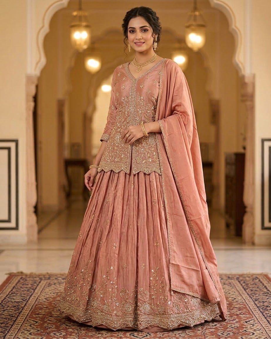 Size UK 12 (38") Pastel Pink - Mid Length Blouse Lehenga Set - Mehndi / Sangeet / Bridesmaids / Weddings / Garba  - UK Stock - 24h Dispatch - AFDM2287 09TP26