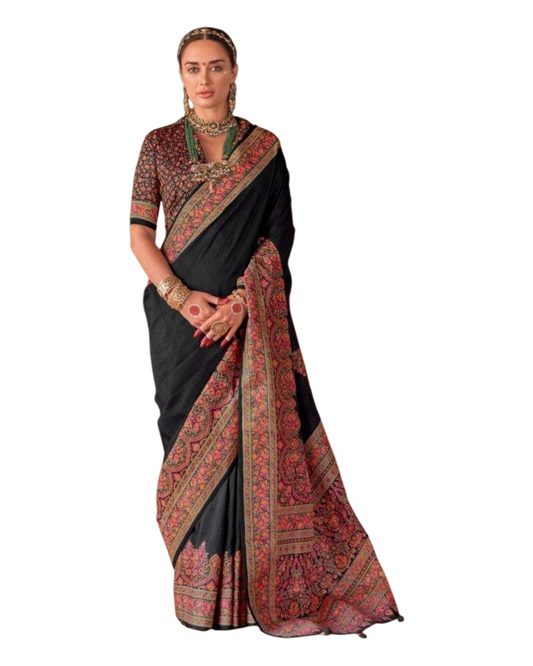 Black - Traditional Block Printed Dupion Silky Saree with Blouse Piece - UK Stock - 2/3 days Delivery  12KC25 K913