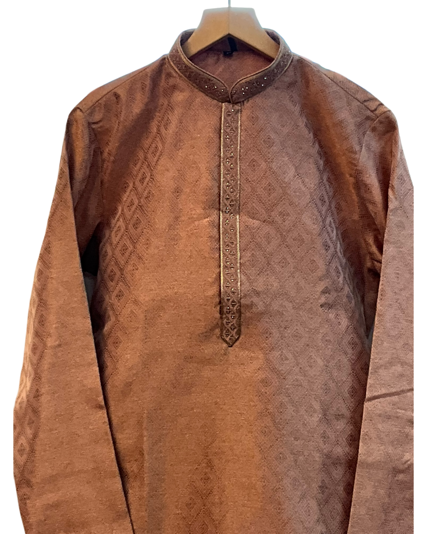 Rose Gold / Copper - Banarasi Handloom Brocade Mens Indian Kurta set with Trousers - UK Stock - Weddings / Walimas , Sangeet, Diwali, Eid, Mehndi / Henna - VEE2509 VR