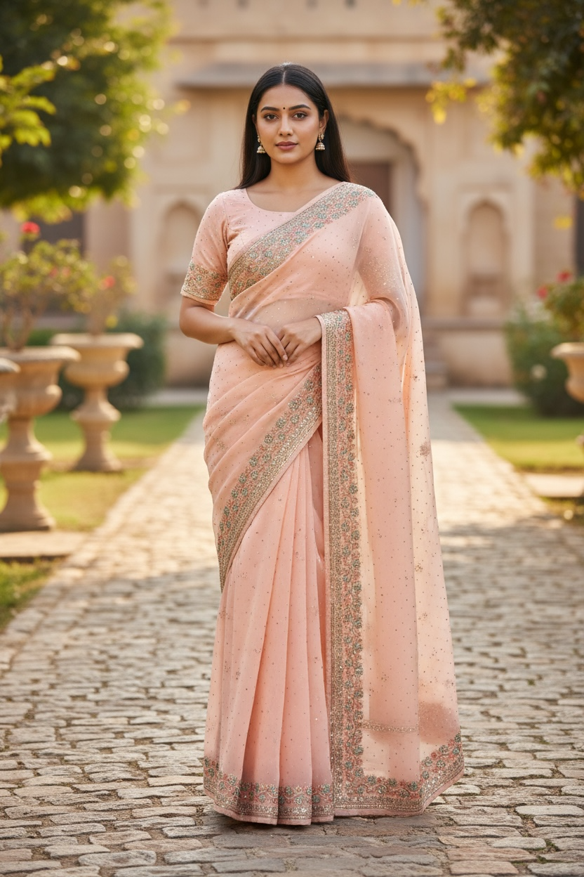 Pink - Chiffon - Party Wear Embroidiered Saree with Blouse Piece - SP250407 VT 0425