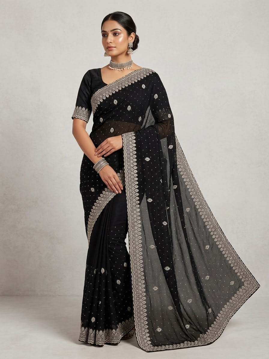 Black - Fancy Party Saree with Blouse Piece - UK stock - 24hr Dispatch - SP2603 VY