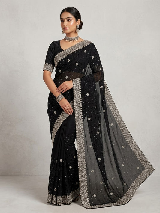 Black - Fancy Party Saree with Blouse Piece - UK stock - 24hr Dispatch - SP2603 VY