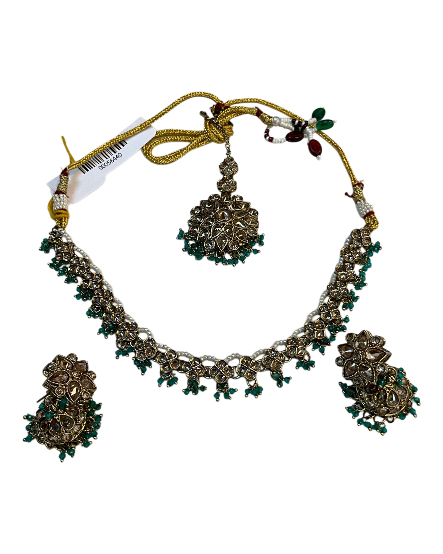 Turquoise - Medium Size Antique Gold Finish Necklace Set with Earrings & Head Piece - RAK436 04A26