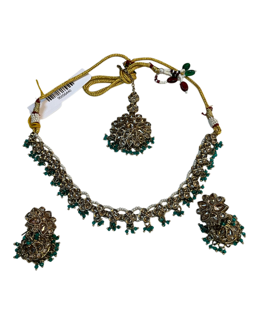 Turquoise - Medium Size Antique Gold Finish Necklace Set with Earrings & Head Piece - RAK436 04A26