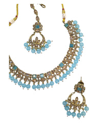 Light Blue - Antique Gold Finish Necklace & Earrings Set - Bollywood - Weddings - KAJ1039 11KK24