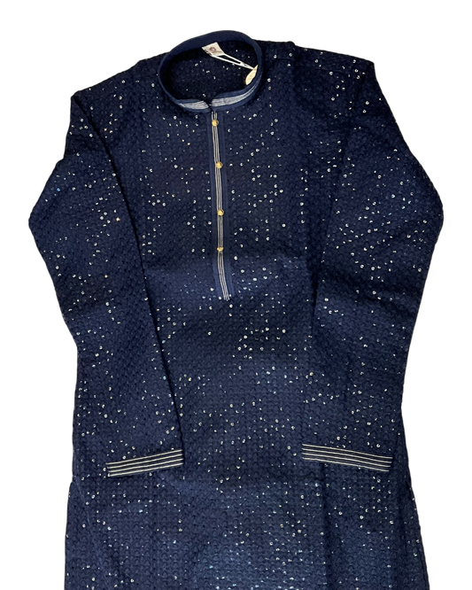 Navy Blue - Rich Lucknowi Sequins Mens Indian Kurta set with Trousers - UK Stock - Weddings / Walimas , Sangeet, Diwali, Eid, Mehndi / Henna - EM10075 05TT26