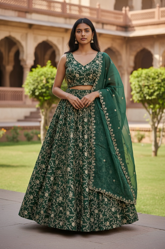 Bottle Green - Banarasi Brocade Silky Lehenga Set - Mehndi / Sangeet / Bridesmaids / Weddings / Garba  - Size UK 12 (38" Bust) Adjustable to Size 14 - UK Stock - 24h Dispatch - AF2601 02VP26