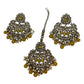 Yellow - Large Size Antique Gold Finish Necklace Set with Earrings & Head Piece - Bollywood - AE2514 08KY25