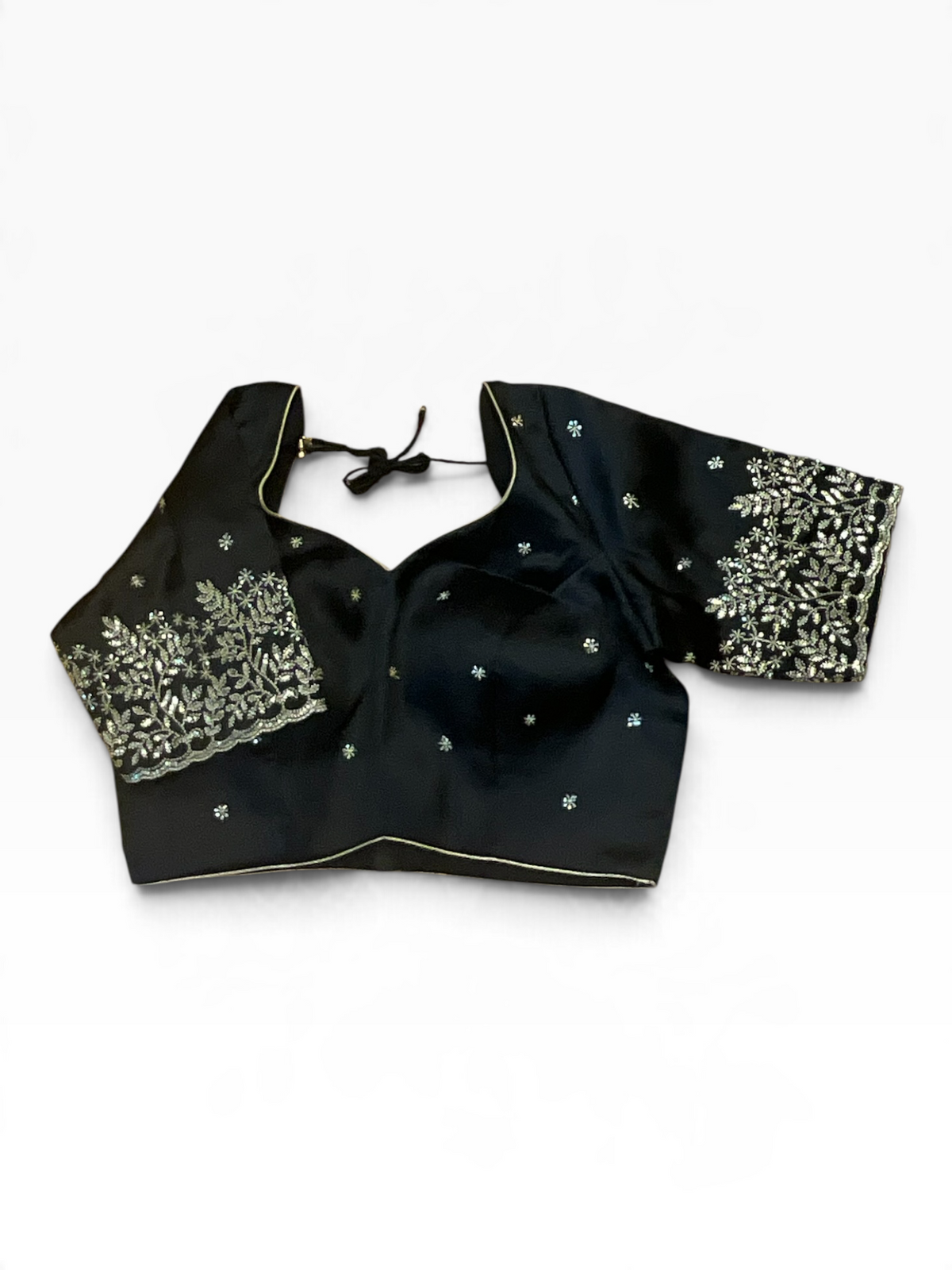 Size 36" / UK 10 - Black - Zari Embroidered Silk Blouse with Elbow-Length Sleeves - UK Stock - With Margin inside - VAM1296 - KY